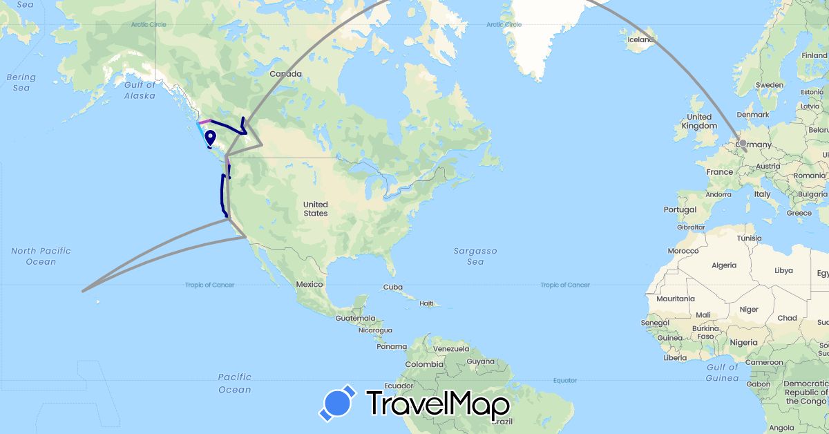 TravelMap itinerary: driving, bus, plane, train, boat in Canada, Germany, United States (Europe, North America)